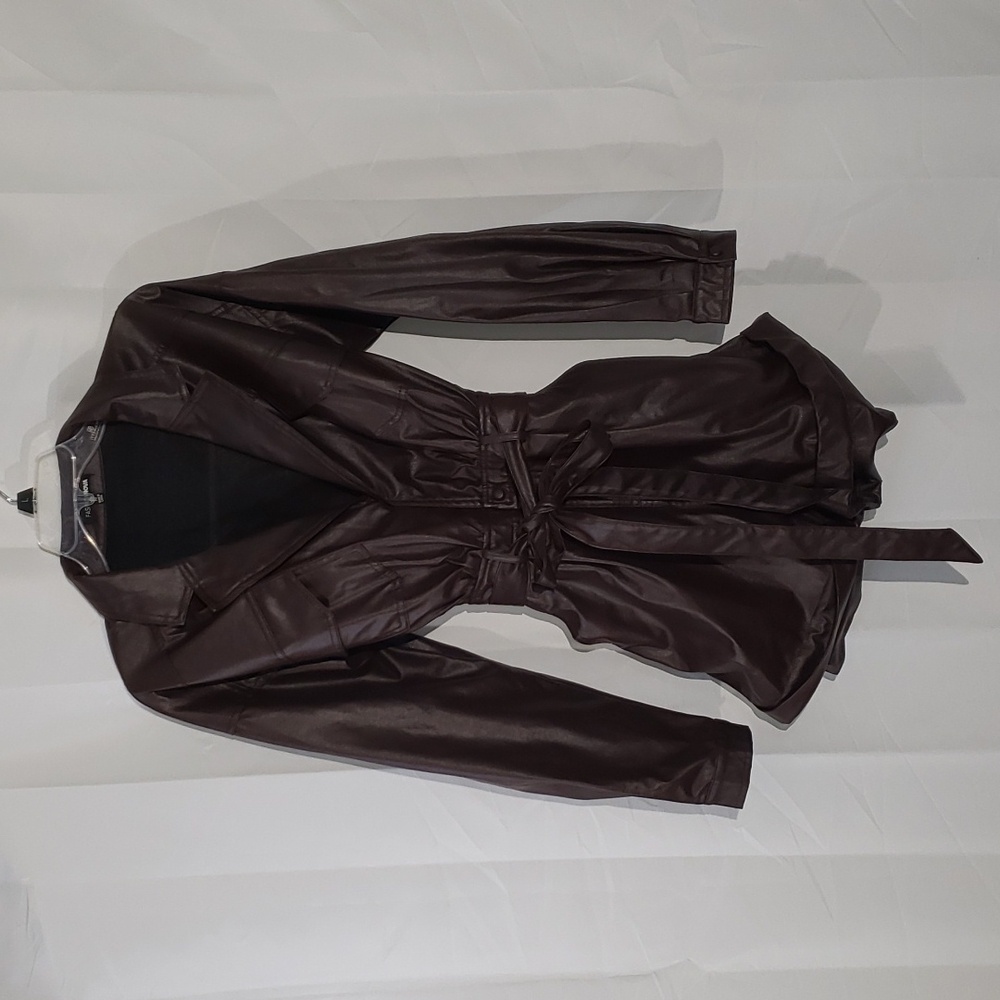Faux leather long sleeve romper brown with belt. 4 pocket.